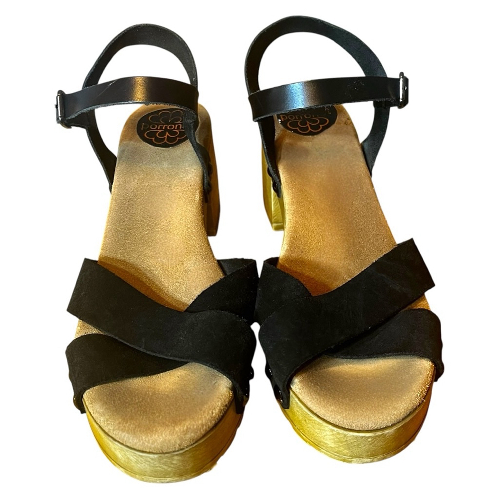 Women's Porronet Mabel Leather Sandals, Black & Wood Platform - Picture 2 of 12
